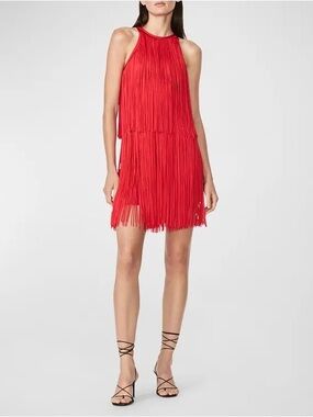Herve Leger Red Fringe Halter Mini Dress